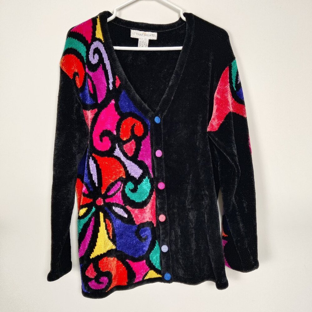 That Sweater Women's Cardigan Size L Black Colorful Boho Bohemian 90s Vintage